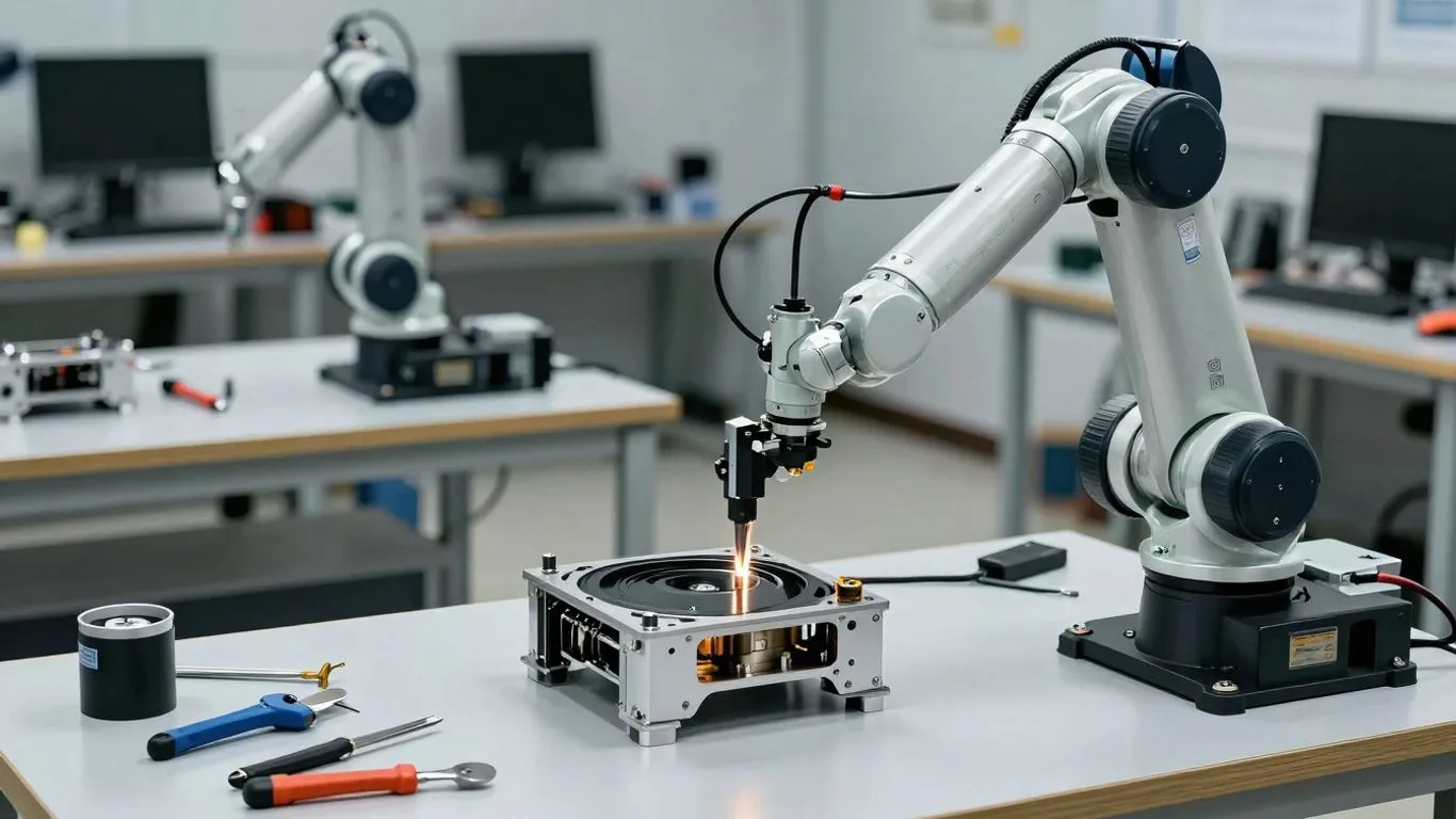 Robotic arm assembling a component in a workshop.